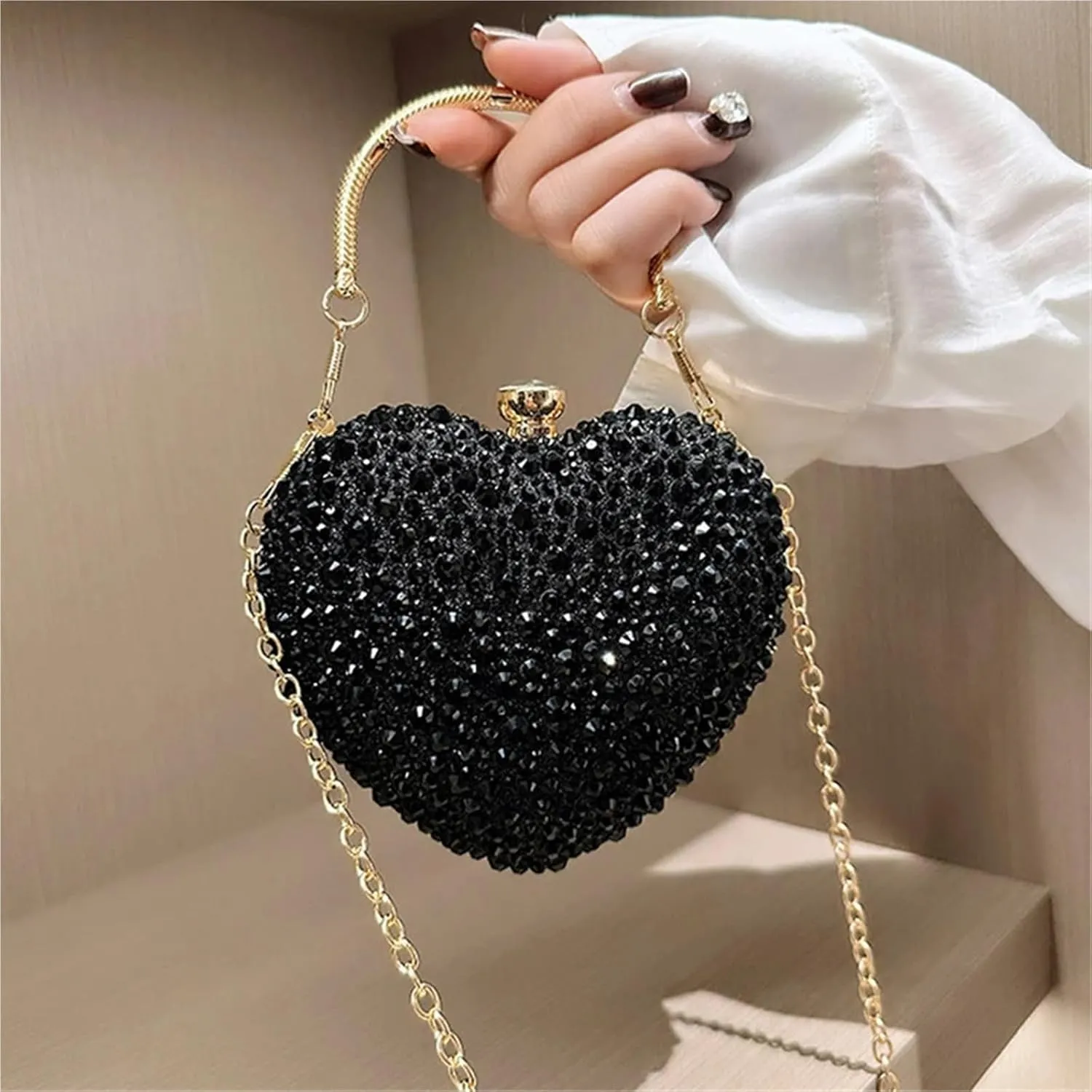 Diamond Inlay Heart Shape Crystal Clutch Purse Stones Evening Wedding Party Shoulder Bag