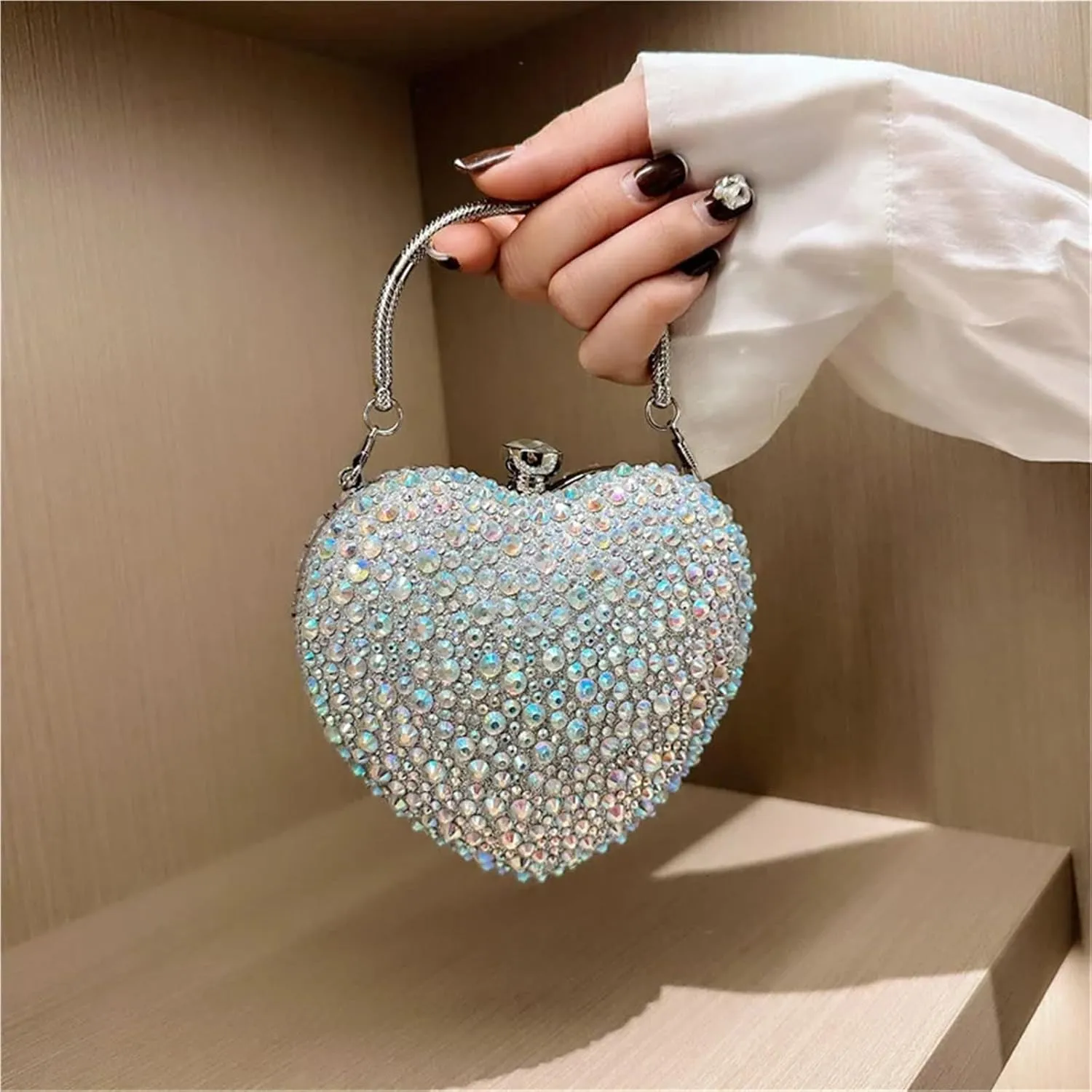 Diamond Inlay Heart Shape Crystal Clutch Purse Stones Evening Wedding Party Shoulder Bag
