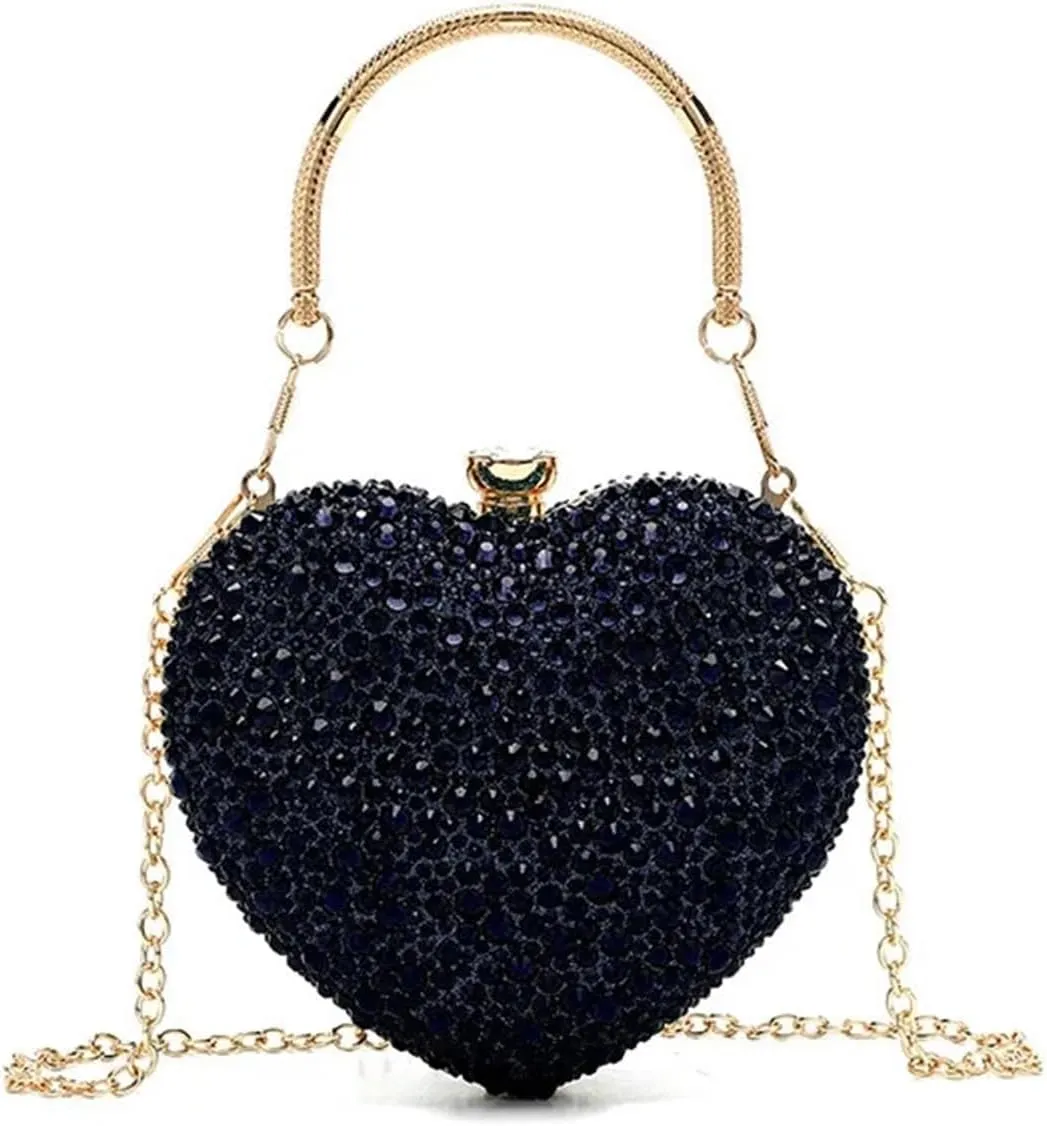 Diamond Inlay Heart Shape Crystal Clutch Purse Stones Evening Wedding Party Shoulder Bag