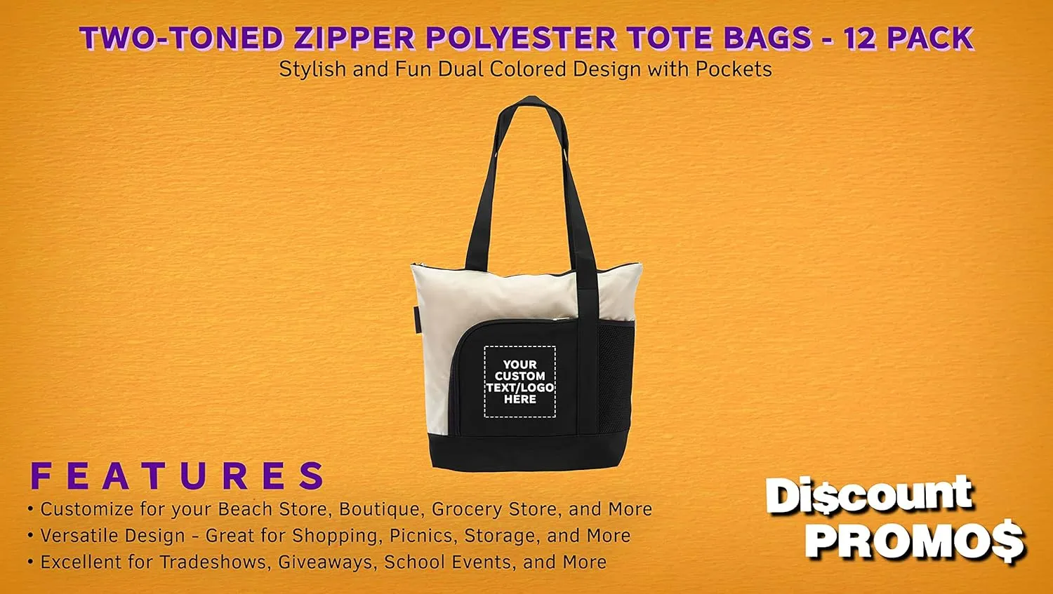 DISCOUNT PROMOS 12 Zipper Polyester Tote Bags Set - Customizable Text, Logo - Two-tone, Zipper Closure, Pen Loop - Black