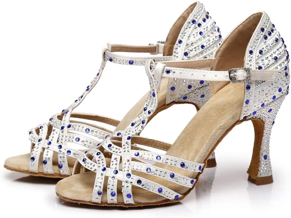 DKZSYIM Women's Latin Dance Shoes Ballroom Performance Salsa Rhinestone Dance Shoes,Model YCL404