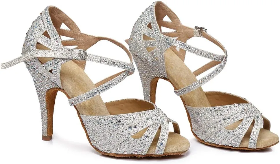 DKZSYIM Women's Latin Dance Shoes Rhinestone Dance Shoes, Wedding Dancing Shoes Model YCL390