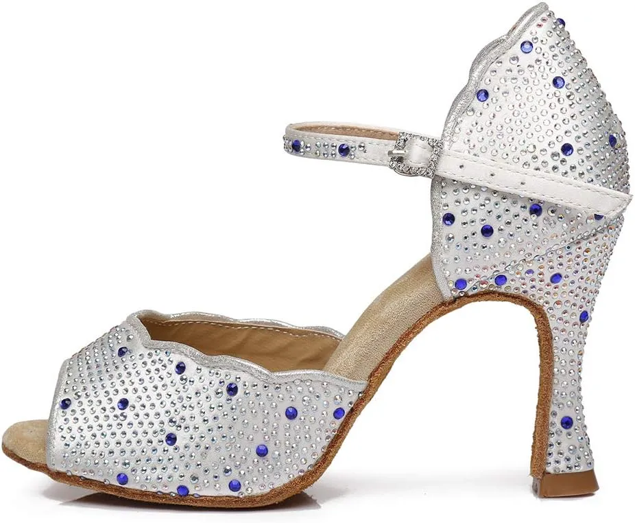 DKZSYIM Women's Satin Latin Dance Shoes Practice Rhinestone Dance Shoes,Practice Dancing Shoes Model YCL389