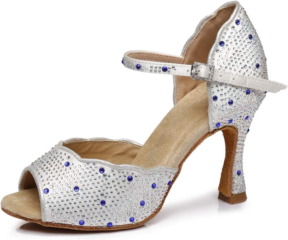 DKZSYIM Women's Satin Latin Dance Shoes Practice Rhinestone Dance Shoes,Practice Dancing Shoes Model YCL389