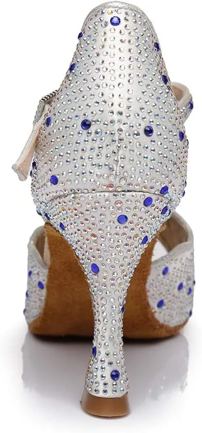 DKZSYIM Women's Satin Latin Dance Shoes Practice Rhinestone Dance Shoes,Practice Dancing Shoes Model YCL389