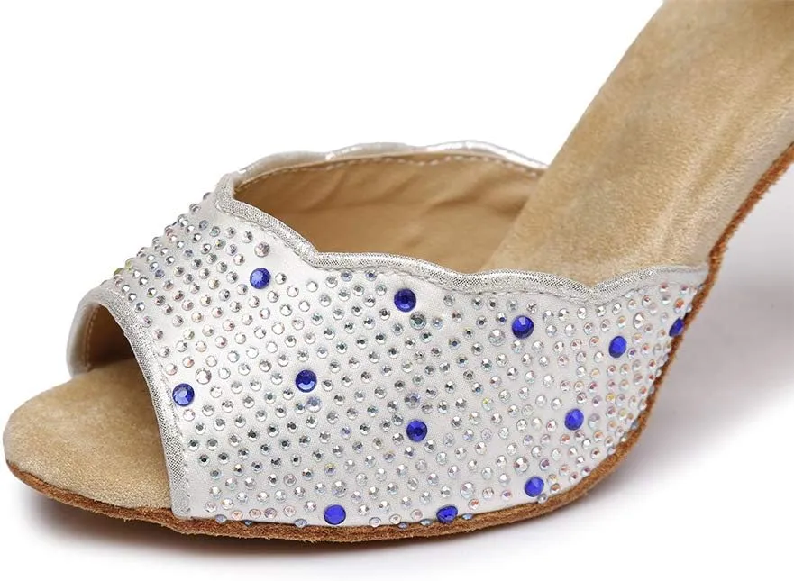 DKZSYIM Women's Satin Latin Dance Shoes Practice Rhinestone Dance Shoes,Practice Dancing Shoes Model YCL389