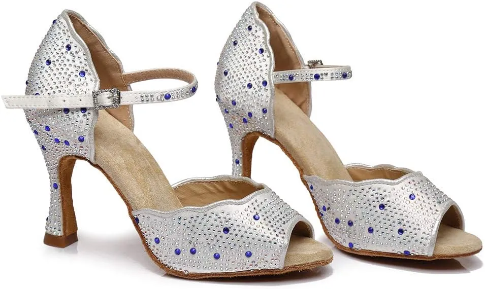 DKZSYIM Women's Satin Latin Dance Shoes Practice Rhinestone Dance Shoes,Practice Dancing Shoes Model YCL389
