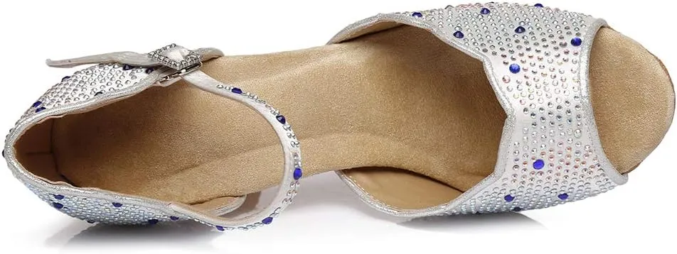 DKZSYIM Women's Satin Latin Dance Shoes Practice Rhinestone Dance Shoes,Practice Dancing Shoes Model YCL389