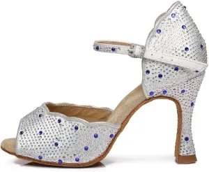 DKZSYIM Women's Satin Latin Dance Shoes Practice Rhinestone Dance Shoes,Practice Dancing Shoes Model YCL389