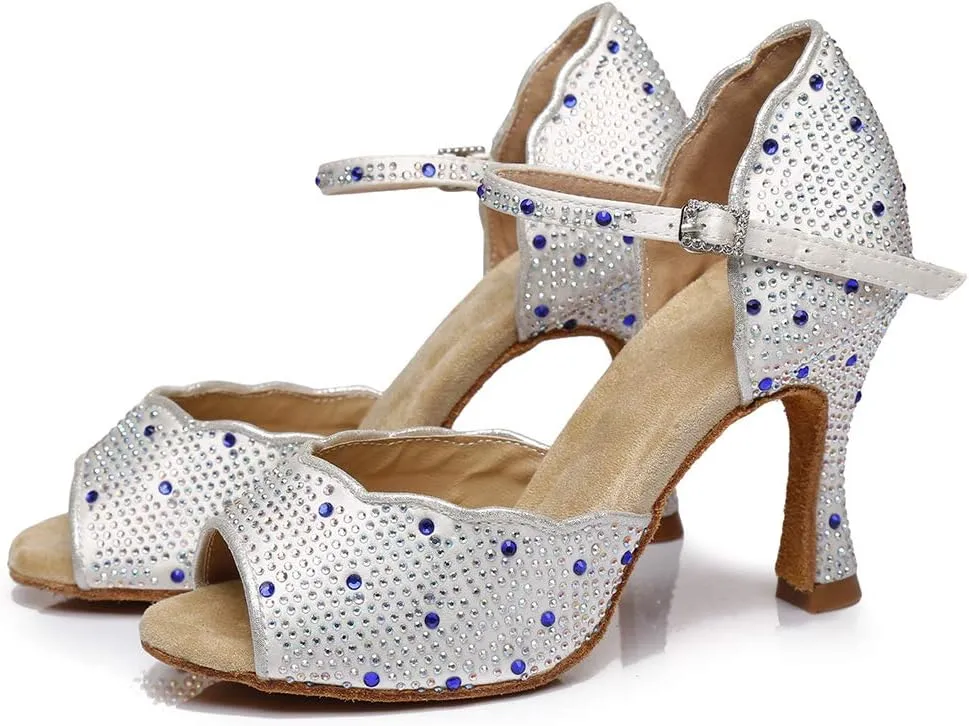 DKZSYIM Women's Satin Latin Dance Shoes Practice Rhinestone Dance Shoes,Practice Dancing Shoes Model YCL389
