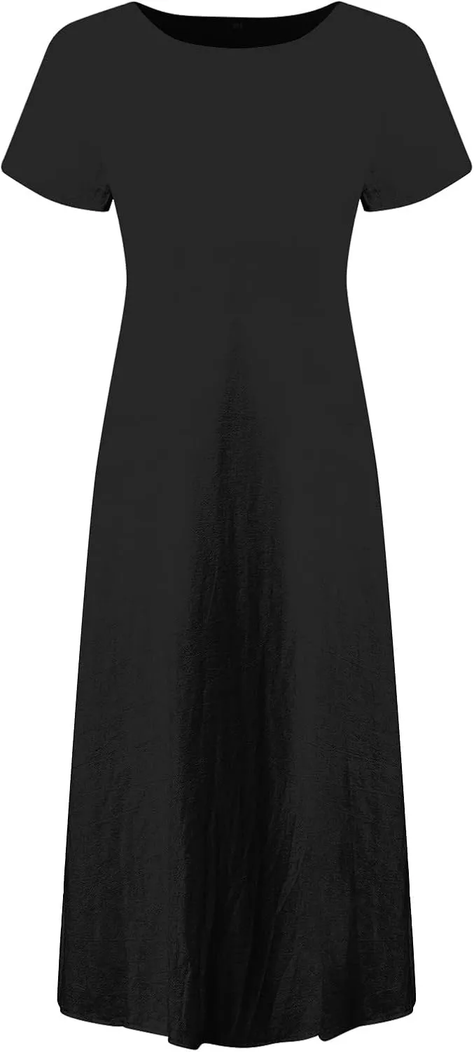 Dresses for Women 2025 Summer Cotton Linen Solid Gauze Dress Loose Casual Beach Vacation Flowy Midi Dress with Pockets
