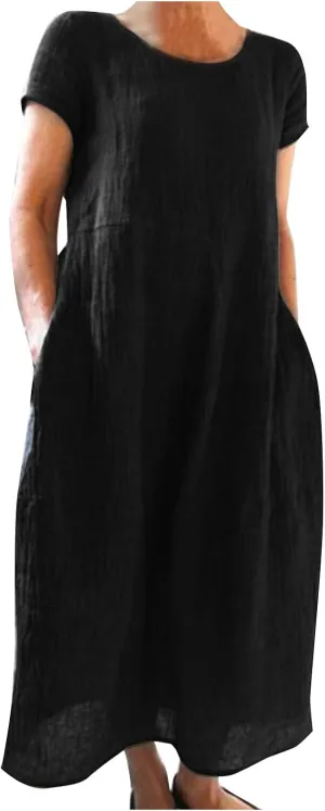 Dresses for Women 2025 Summer Cotton Linen Solid Gauze Dress Loose Casual Beach Vacation Flowy Midi Dress with Pockets