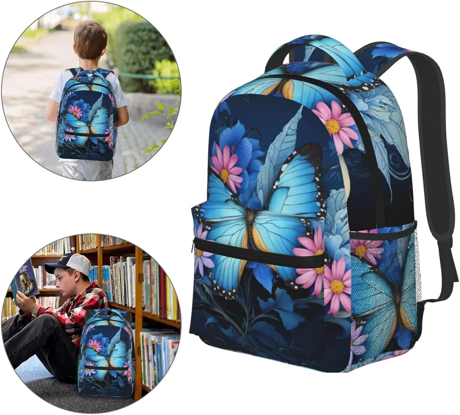 Dujiea 17 Inch Backpack Blue Butterfly Floral Laptop Backpack School Bookbag Travel Shoulder Bag With Chest Strap