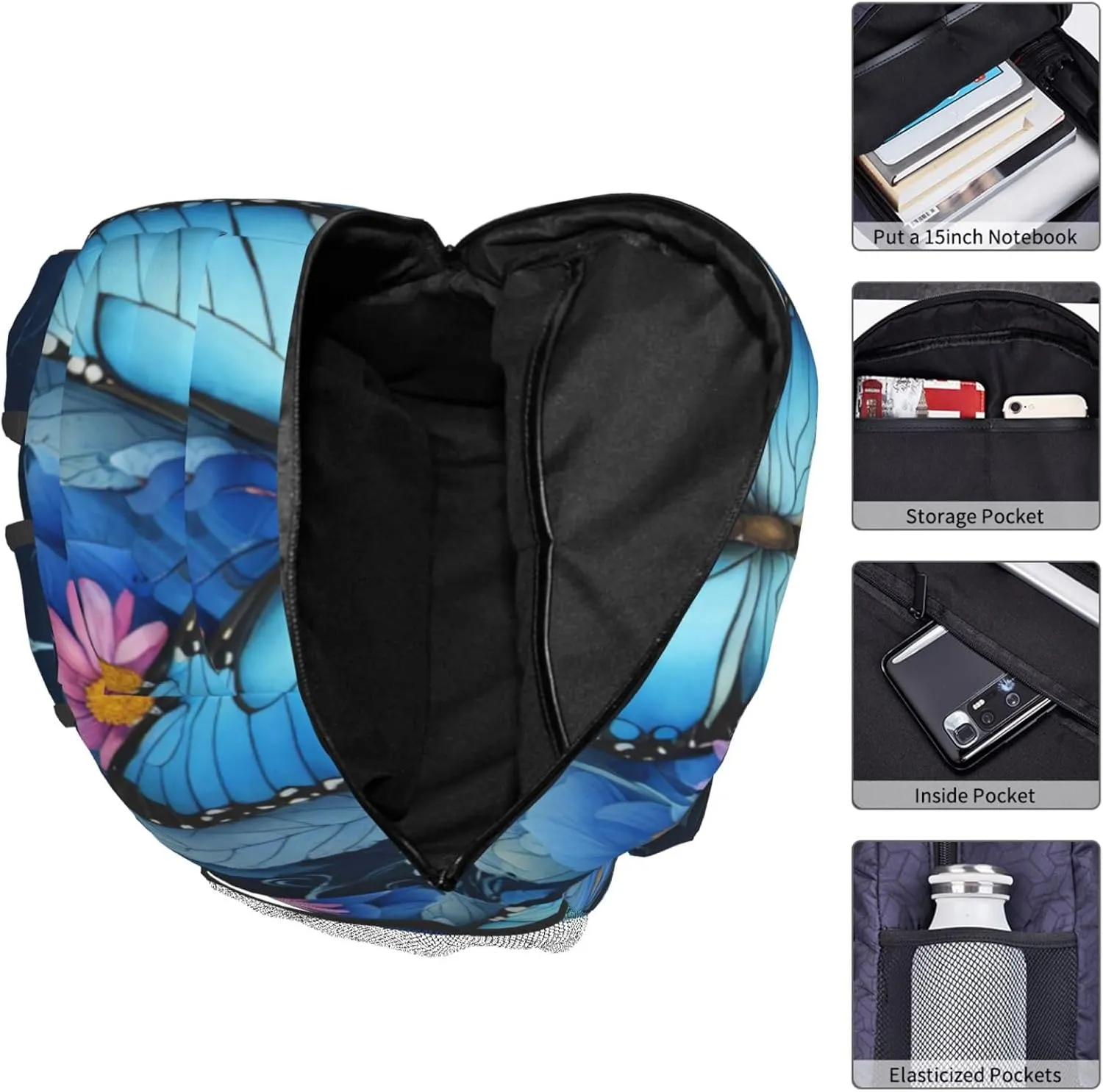 Dujiea 17 Inch Backpack Blue Butterfly Floral Laptop Backpack School Bookbag Travel Shoulder Bag With Chest Strap