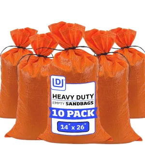 DURASACK Heavy Duty Sand Bags with Tie Strings Empty Woven Polypropylene Sand-Bags for Flood Control with 1600 Hours of UV Protection, 50 lbs Capacity, 14x26 inches, Orange, Pack of 10