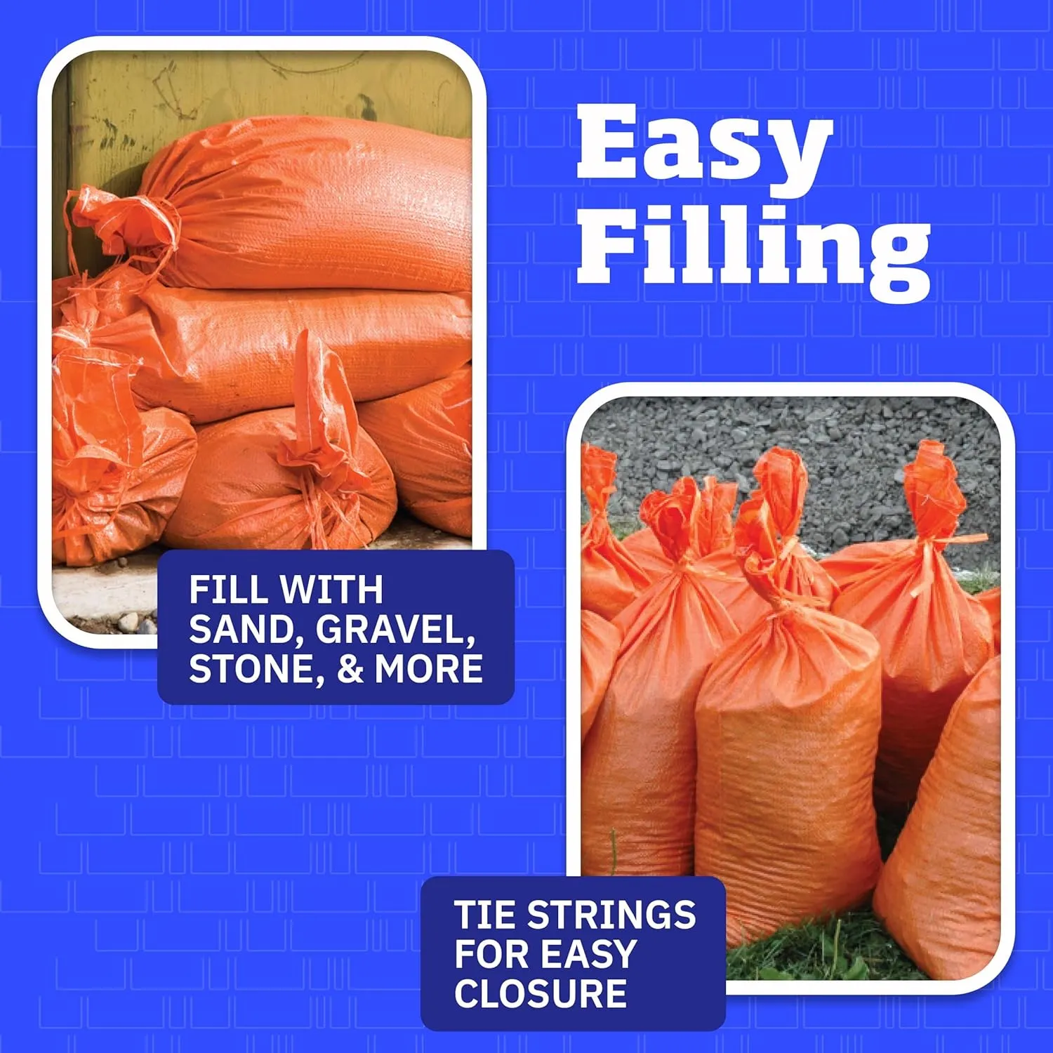 DURASACK Heavy Duty Sand Bags with Tie Strings Empty Woven Polypropylene Sand-Bags for Flood Control with 1600 Hours of UV Protection, 50 lbs Capacity, 14x26 inches, Orange, Pack of 10