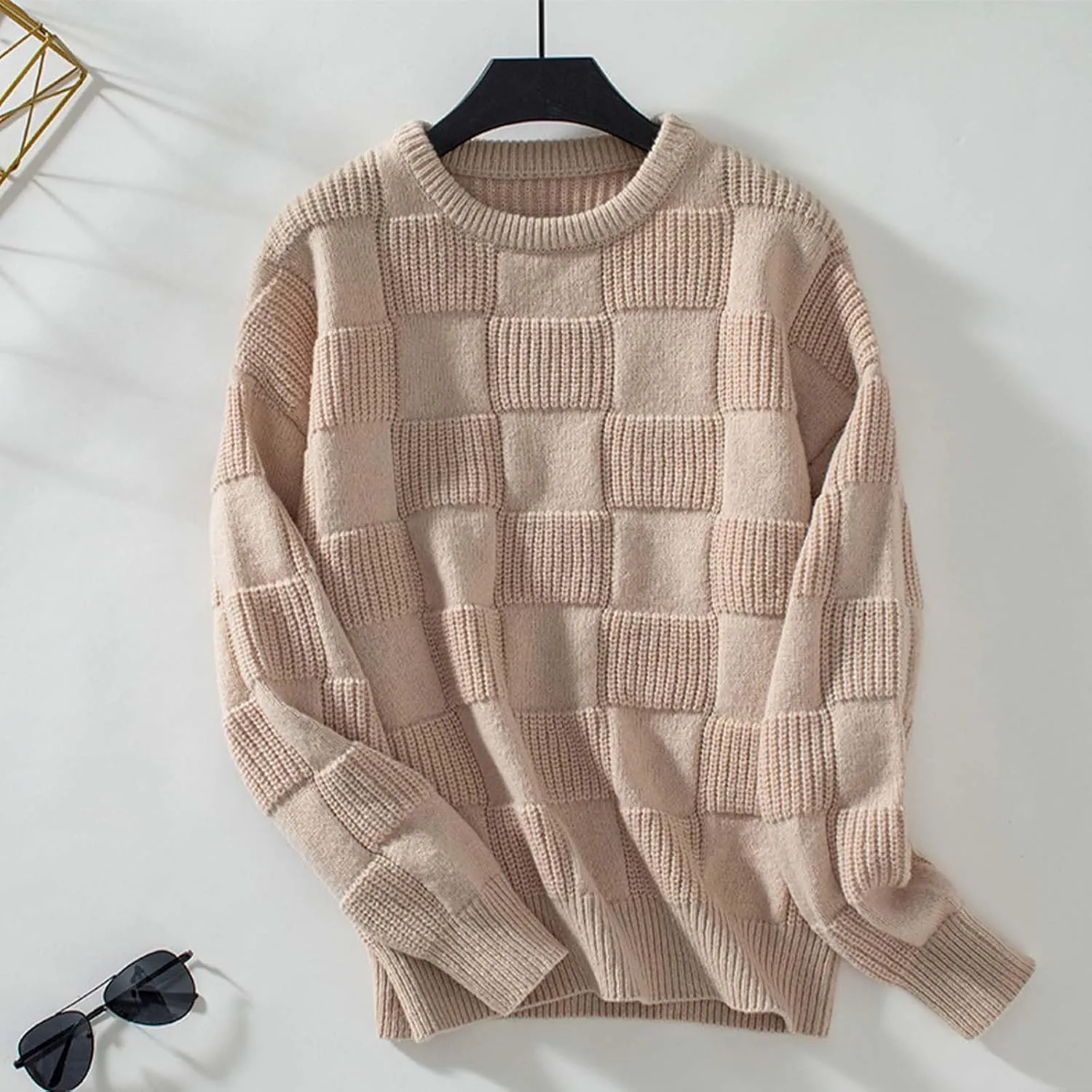 Fall Sweaters for Women Chunky Knit Crewneck Solid Color Long Sleeve Soft Casual Lightweight Jumper Tops