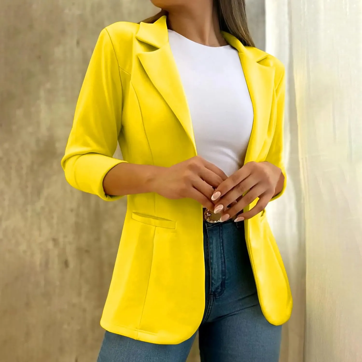 Fashion Women Blazer Jackets Turn Down Collar Blouse Long Sleeve Casual Fall Winter Work Coat Open Front Cardigan