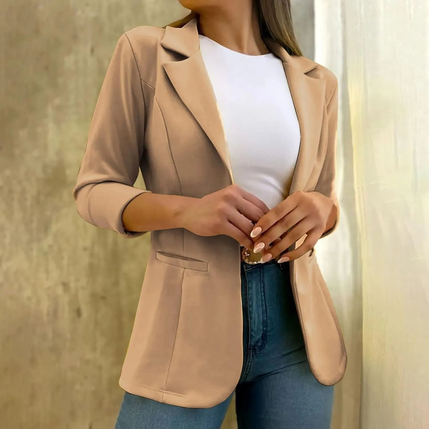 Fashion Women Blazer Jackets Turn Down Collar Blouse Long Sleeve Casual Fall Winter Work Coat Open Front Cardigan