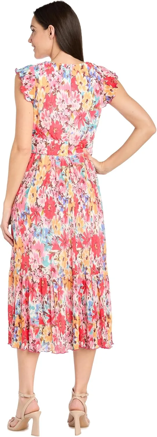 Floral Midi Dress with V-Neckline and Ruffled Sleeveless Straps