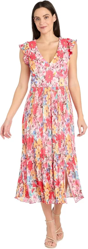 Floral Midi Dress with V-Neckline and Ruffled Sleeveless Straps