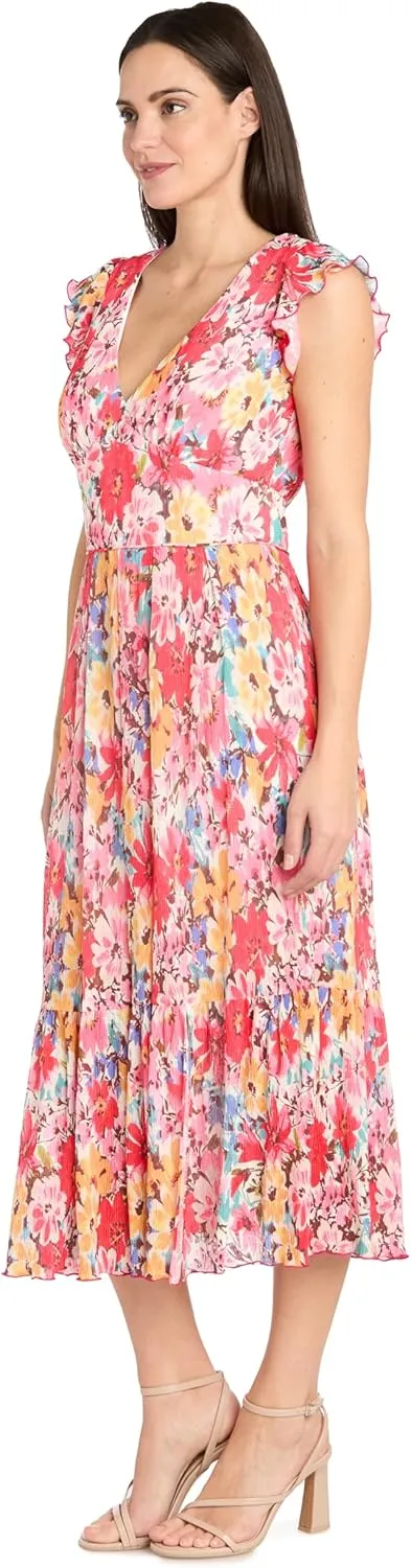 Floral Midi Dress with V-Neckline and Ruffled Sleeveless Straps