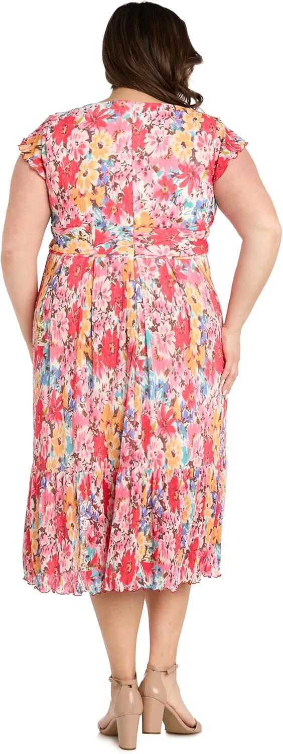 Floral Midi Dress with V-Neckline and Ruffled Sleeveless Straps