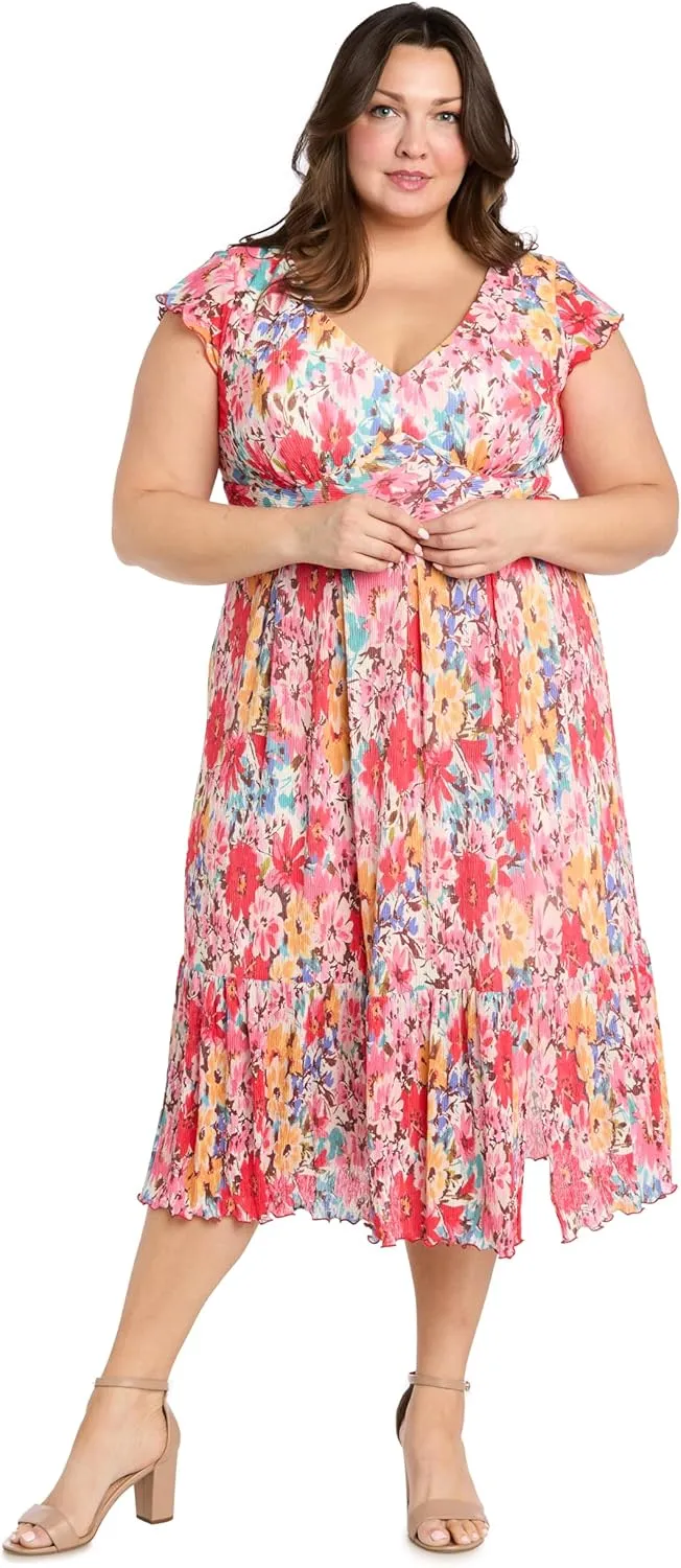 Floral Midi Dress with V-Neckline and Ruffled Sleeveless Straps