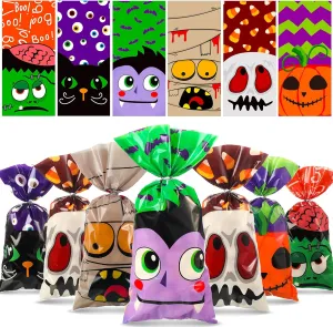 Funrous 120 Pcs Halloween Plastic Candy Bags Halloween Cellophane Cookie Goodie Treat Bags with 120 Silver Twist Ties for Holiday Party Favors