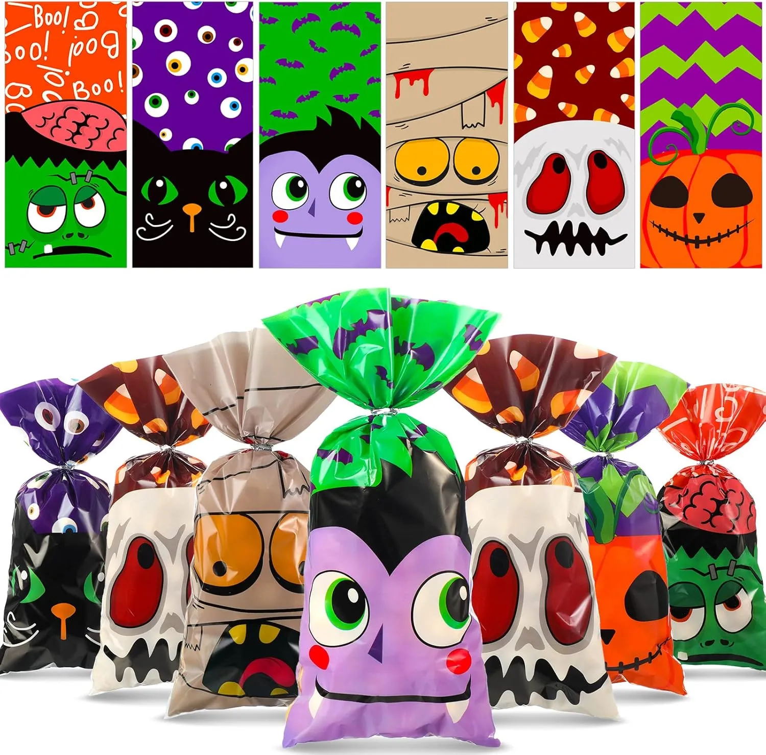 Funrous 120 Pcs Halloween Plastic Candy Bags Halloween Cellophane Cookie Goodie Treat Bags with 120 Silver Twist Ties for Holiday Party Favors
