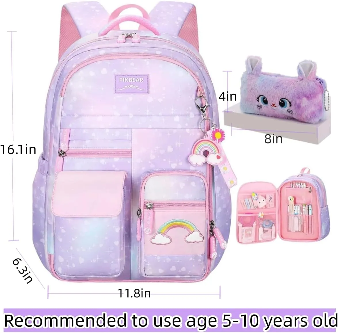 Girls Backpack, School Backpacks Rainbow Student Backpa,Kawaii Kids Backpack,Book Bag for Elementary Primary School
