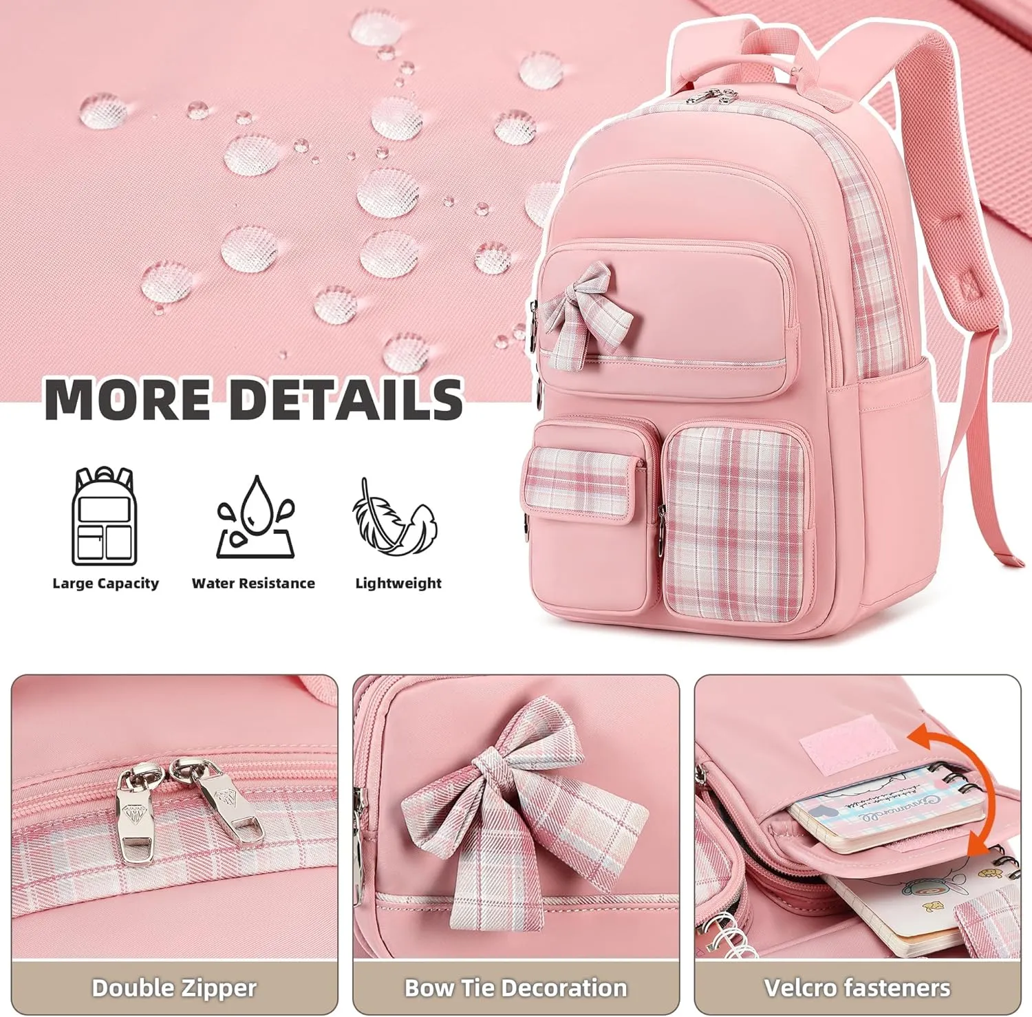 Girls Backpack,3pcs Backpacks with Lunch Box Pencil Case Set 15.6 Inch Laptop School Bag Kids Kindergarten Elementary College Bags Large Bookbag for Teen Women Students Casual Travel Daypacks Pink
