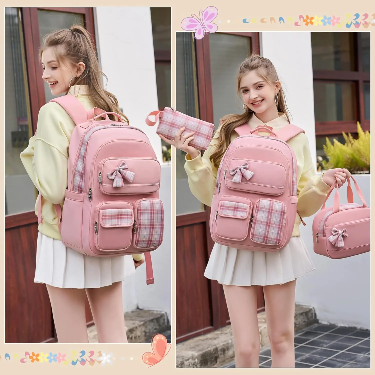 Girls Backpack,3pcs Backpacks with Lunch Box Pencil Case Set 15.6 Inch Laptop School Bag Kids Kindergarten Elementary College Bags Large Bookbag for Teen Women Students Casual Travel Daypacks Pink