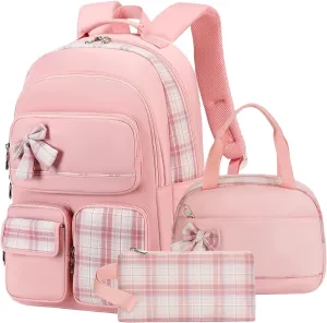 Girls Backpack,3pcs Backpacks with Lunch Box Pencil Case Set 15.6 Inch Laptop School Bag Kids Kindergarten Elementary College Bags Large Bookbag for Teen Women Students Casual Travel Daypacks Pink