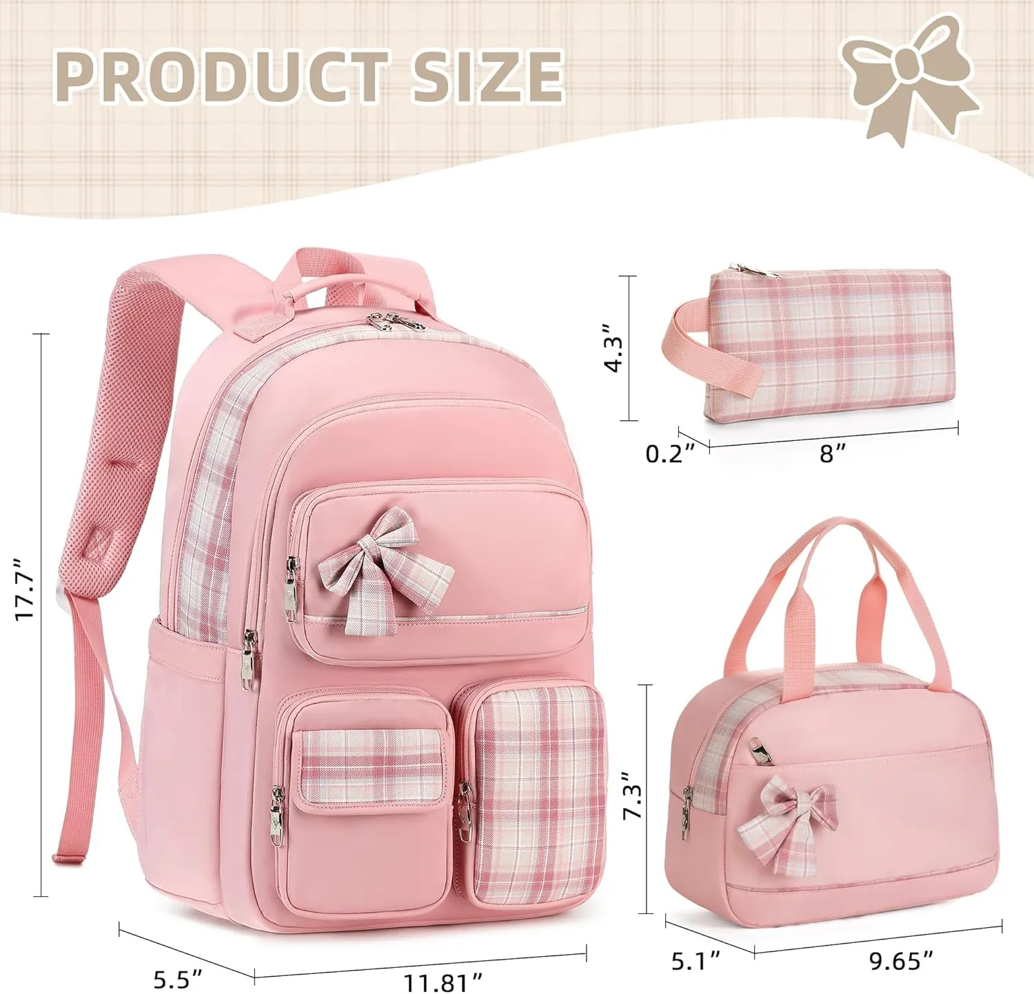 Girls Backpack,3pcs Backpacks with Lunch Box Pencil Case Set 15.6 Inch Laptop School Bag Kids Kindergarten Elementary College Bags Large Bookbag for Teen Women Students Casual Travel Daypacks Pink