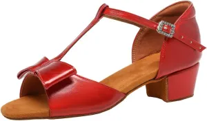 Girls Latin Dance Shoes Cute Bow Ballroom Salsa Professional Performance Practice Dance Shoes Low Heel, Model EM-L1022