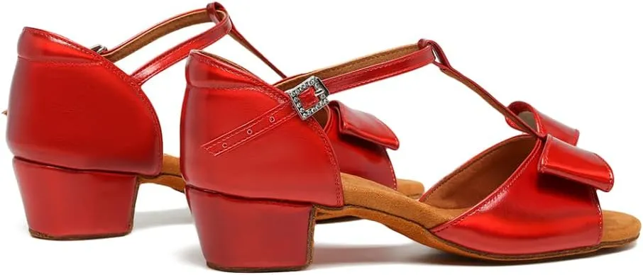 Girls Latin Dance Shoes Cute Bow Ballroom Salsa Professional Performance Practice Dance Shoes Low Heel, Model EM-L1022