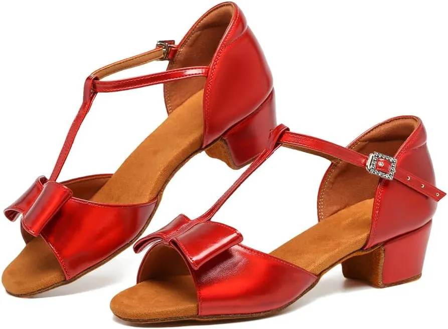Girls Latin Dance Shoes Cute Bow Ballroom Salsa Professional Performance Practice Dance Shoes Low Heel, Model EM-L1022