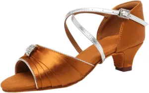 Girls Latin Dance Shoes Low Heel Toddler Kids Salsa Ballroom Dancing Shoes Practice Professional Performance, Model EM-1030-4