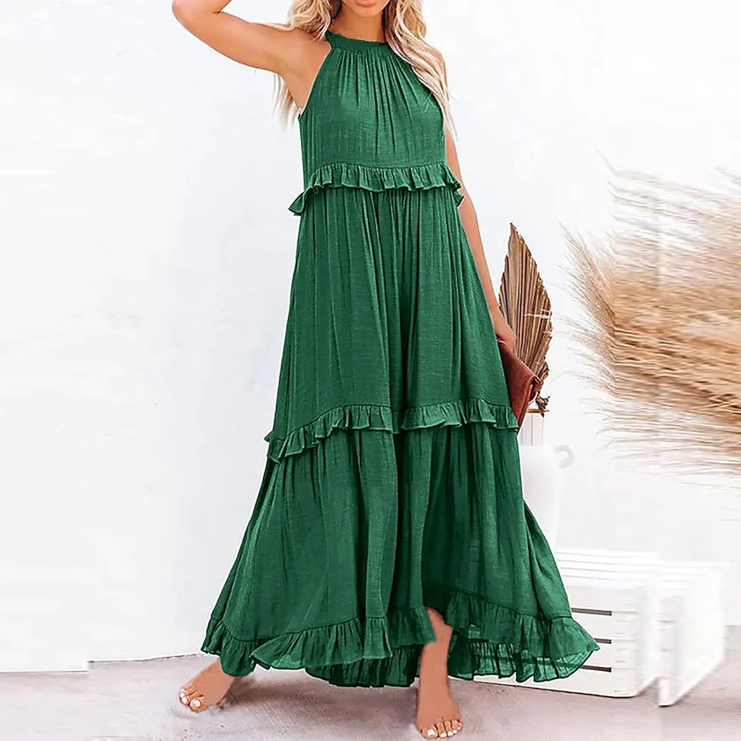 GOKKILRW Maxi Dresses for Women 2025 Summer Halter Long Dress Loose Flowy Boho Swing Smocked Ruffle Beach Dress Resort Wear