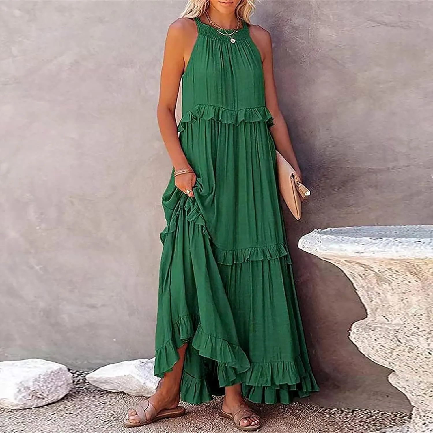GOKKILRW Maxi Dresses for Women 2025 Summer Halter Long Dress Loose Flowy Boho Swing Smocked Ruffle Beach Dress Resort Wear