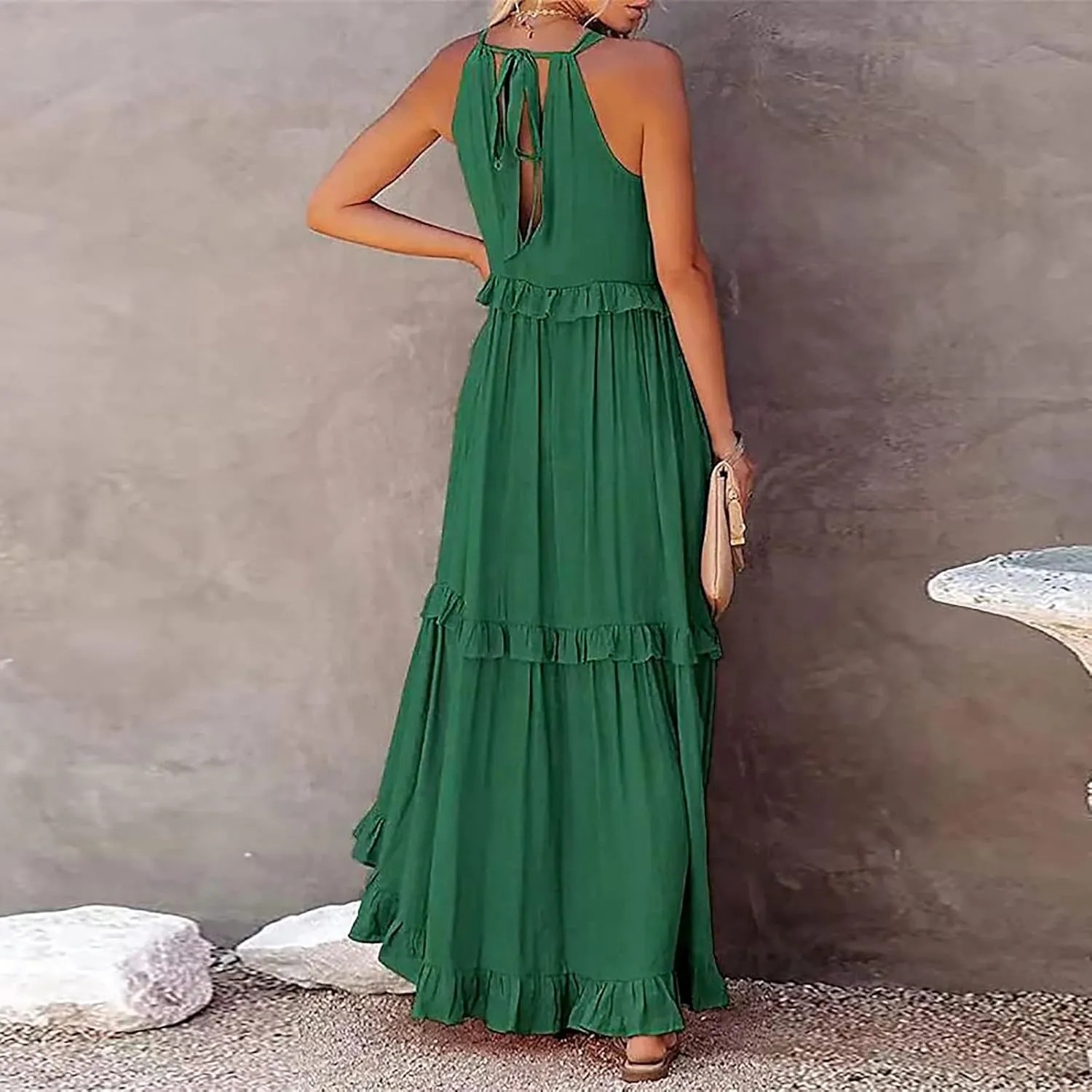 GOKKILRW Maxi Dresses for Women 2025 Summer Halter Long Dress Loose Flowy Boho Swing Smocked Ruffle Beach Dress Resort Wear