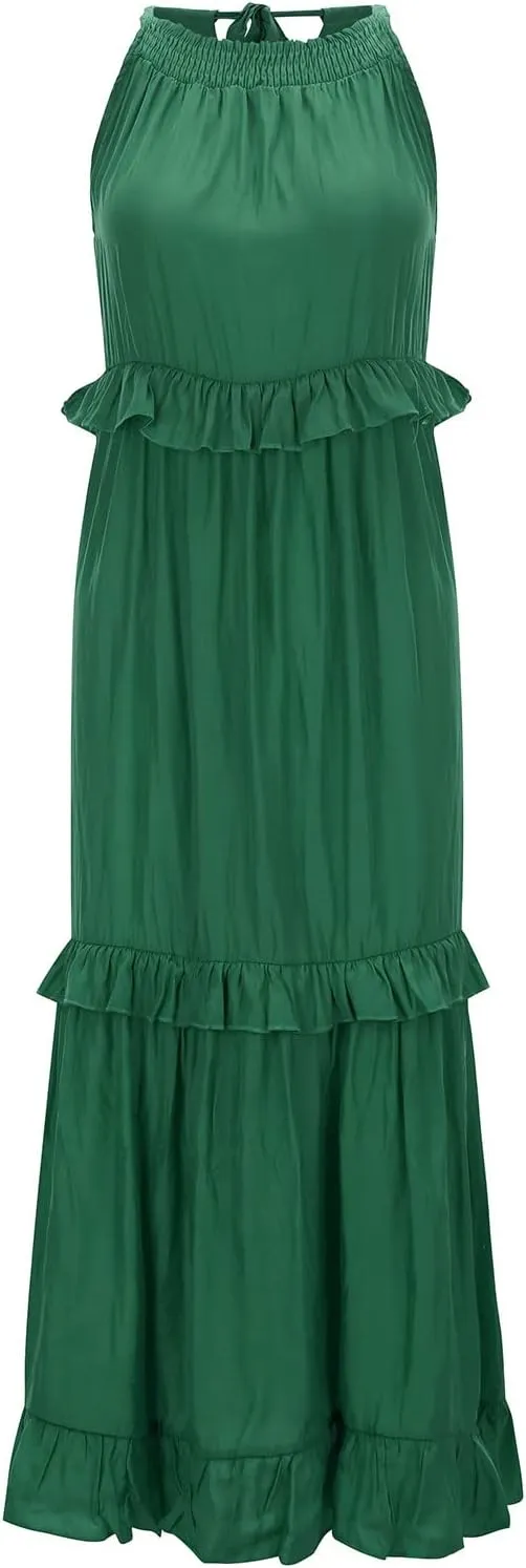 GOKKILRW Maxi Dresses for Women 2025 Summer Halter Long Dress Loose Flowy Boho Swing Smocked Ruffle Beach Dress Resort Wear