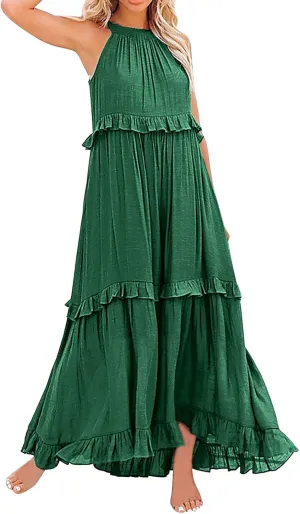 GOKKILRW Maxi Dresses for Women 2025 Summer Halter Long Dress Loose Flowy Boho Swing Smocked Ruffle Beach Dress Resort Wear