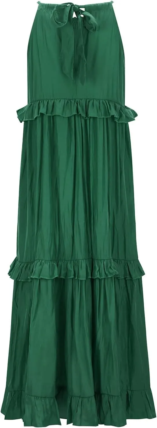 GOKKILRW Maxi Dresses for Women 2025 Summer Halter Long Dress Loose Flowy Boho Swing Smocked Ruffle Beach Dress Resort Wear