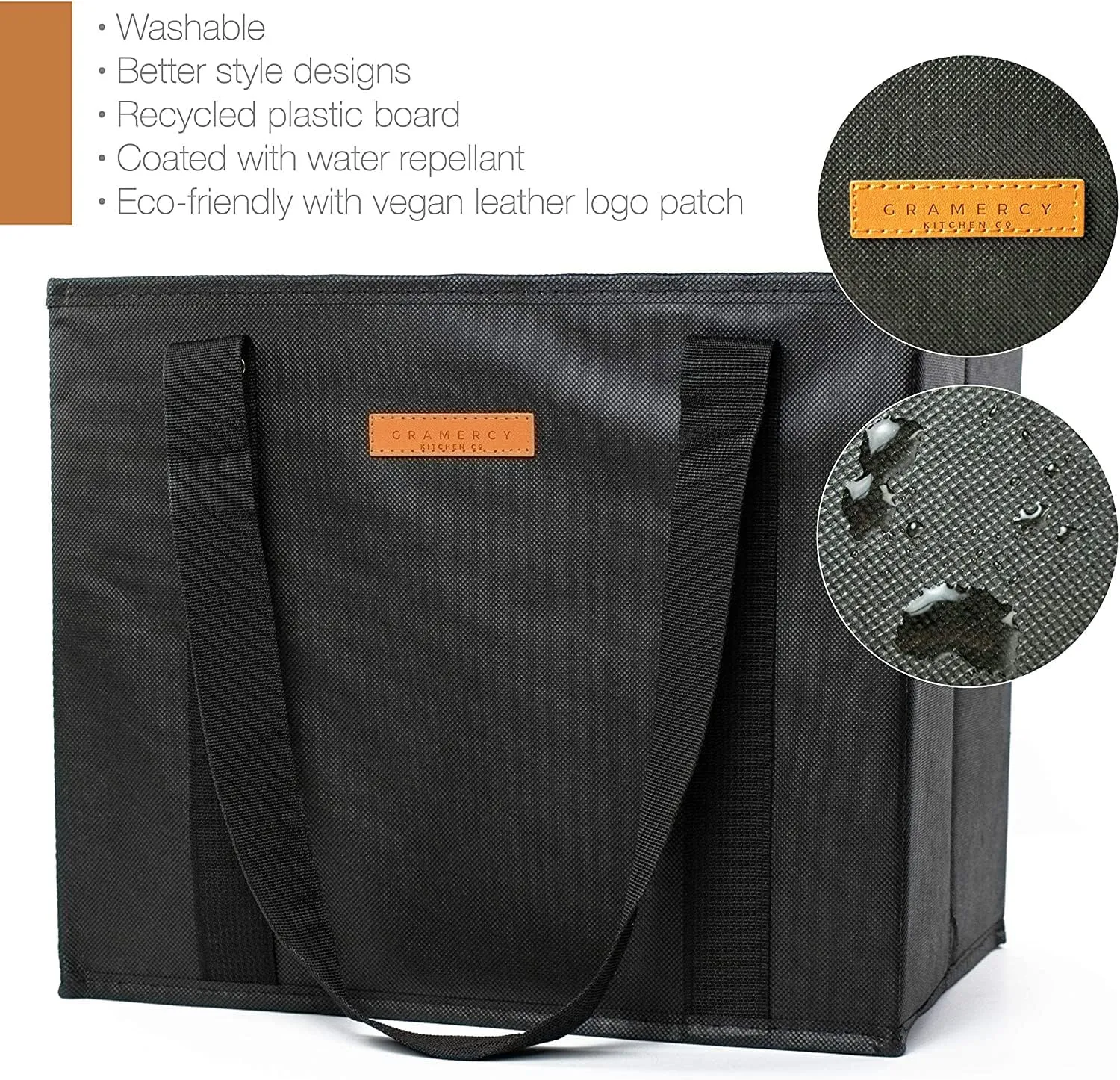 Gramercy Premium Large Reusable Grocery Bags, Heavy Duty 4 Pack  Foldable Shopping Tote Bags With Handles, Washable and Reinforced With Thick Bottom and Sides (Black, 4pcs)