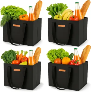 Gramercy Premium Large Reusable Grocery Bags, Heavy Duty 4 Pack  Foldable Shopping Tote Bags With Handles, Washable and Reinforced With Thick Bottom and Sides (Black, 4pcs)
