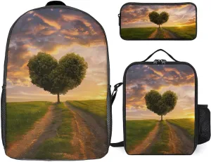 Heart Shape Tree in Sunset 3Pcs Backpack Set Cute Laptop Backpack Travel Daypack with Lunch Bag Pencil Case