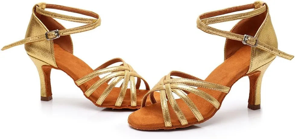 HIPPOSEUS Women's Open Toe Latin Dance Shoes Ankle Strap Ballroom Salsa Bachata Dancing Shoes Suede Outsole,Model 1213