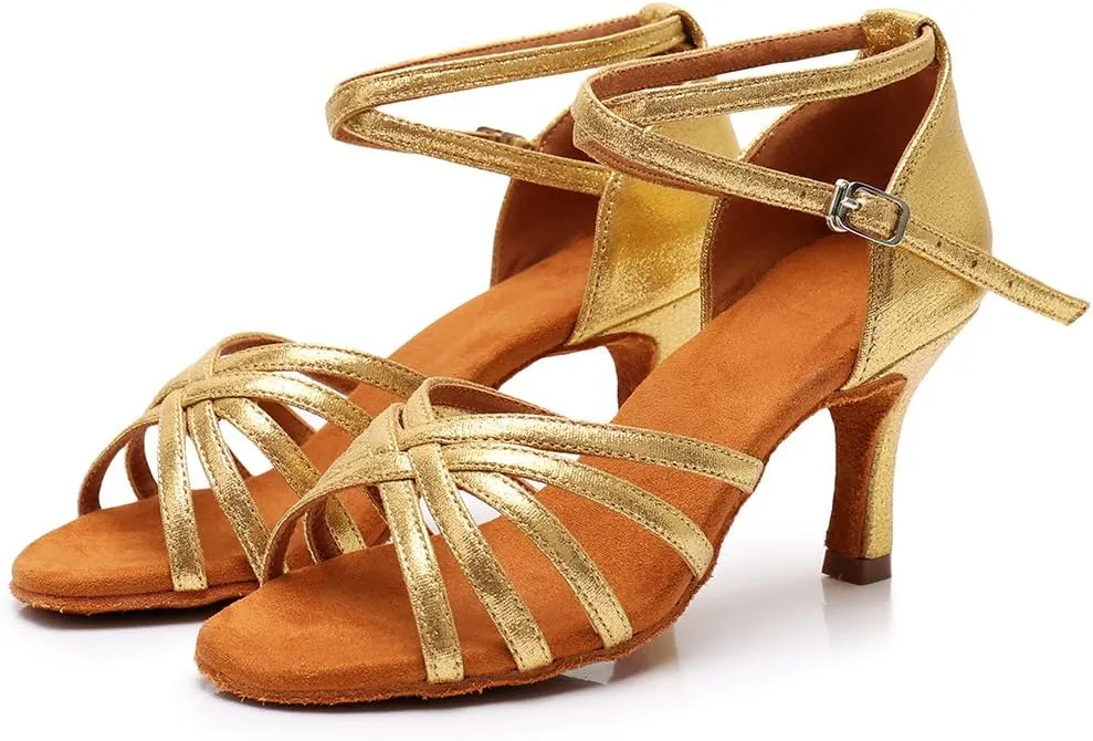 HIPPOSEUS Women's Open Toe Latin Dance Shoes Ankle Strap Ballroom Salsa Bachata Dancing Shoes Suede Outsole,Model 1213
